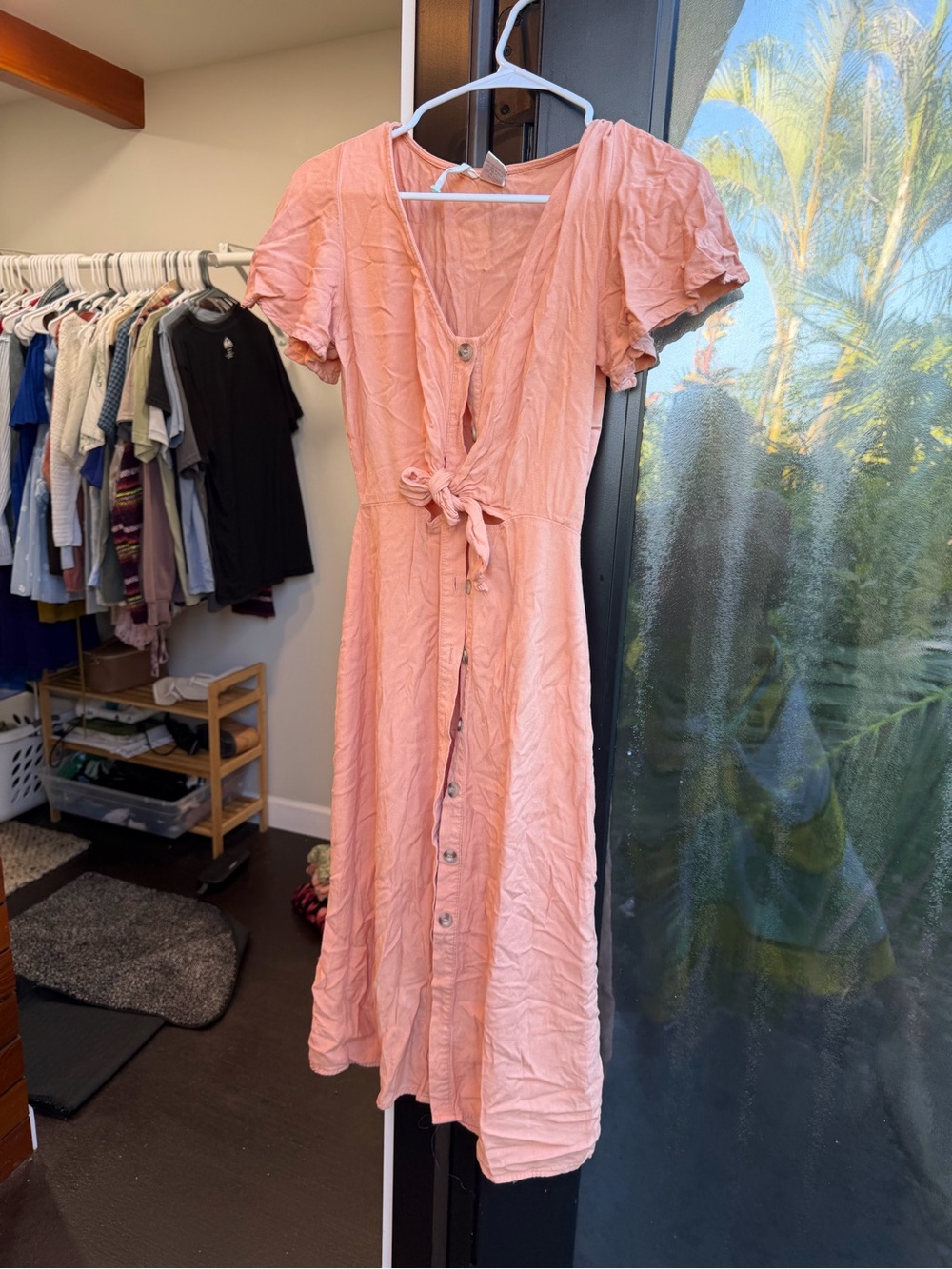 Mimi Chica Peach Button-Front Tie Midi Dress